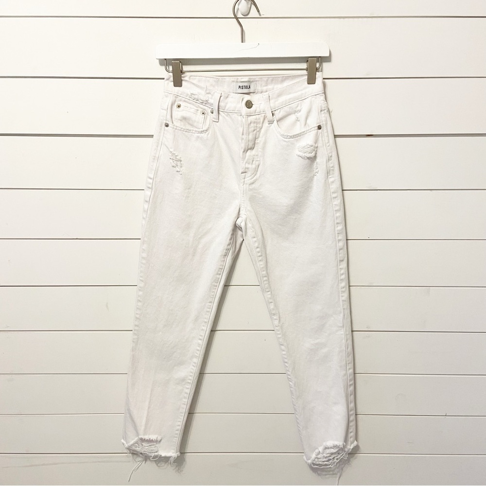 Pistola | High Rise White Copped Distressed Hem Jeans Size 24